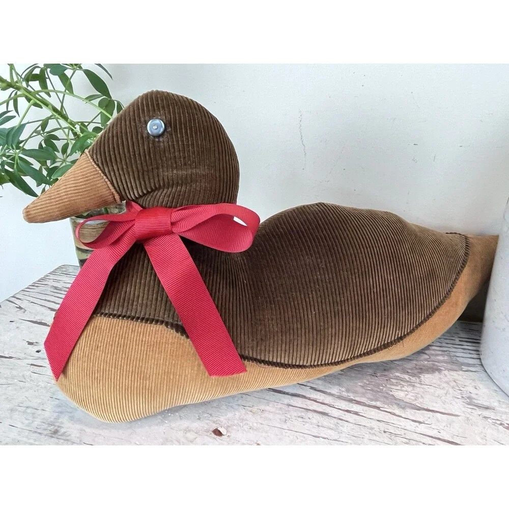 Vintage Mallard Duck Door Stop Corduroy Fabric Whimsy 18” Stuffed Grannycore